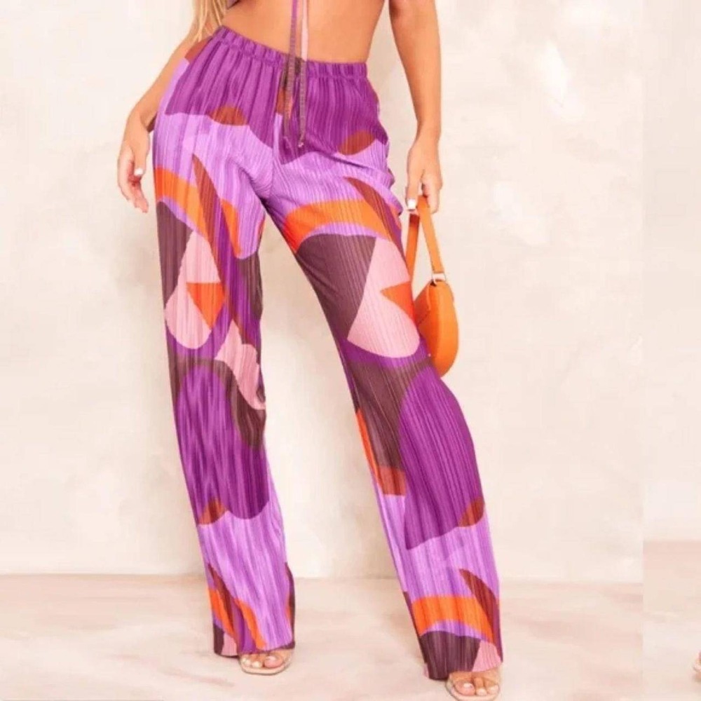 Pretty‎ Little Thing Plisse High Waisted Wide Leg Trousers Pink Purple Print 4